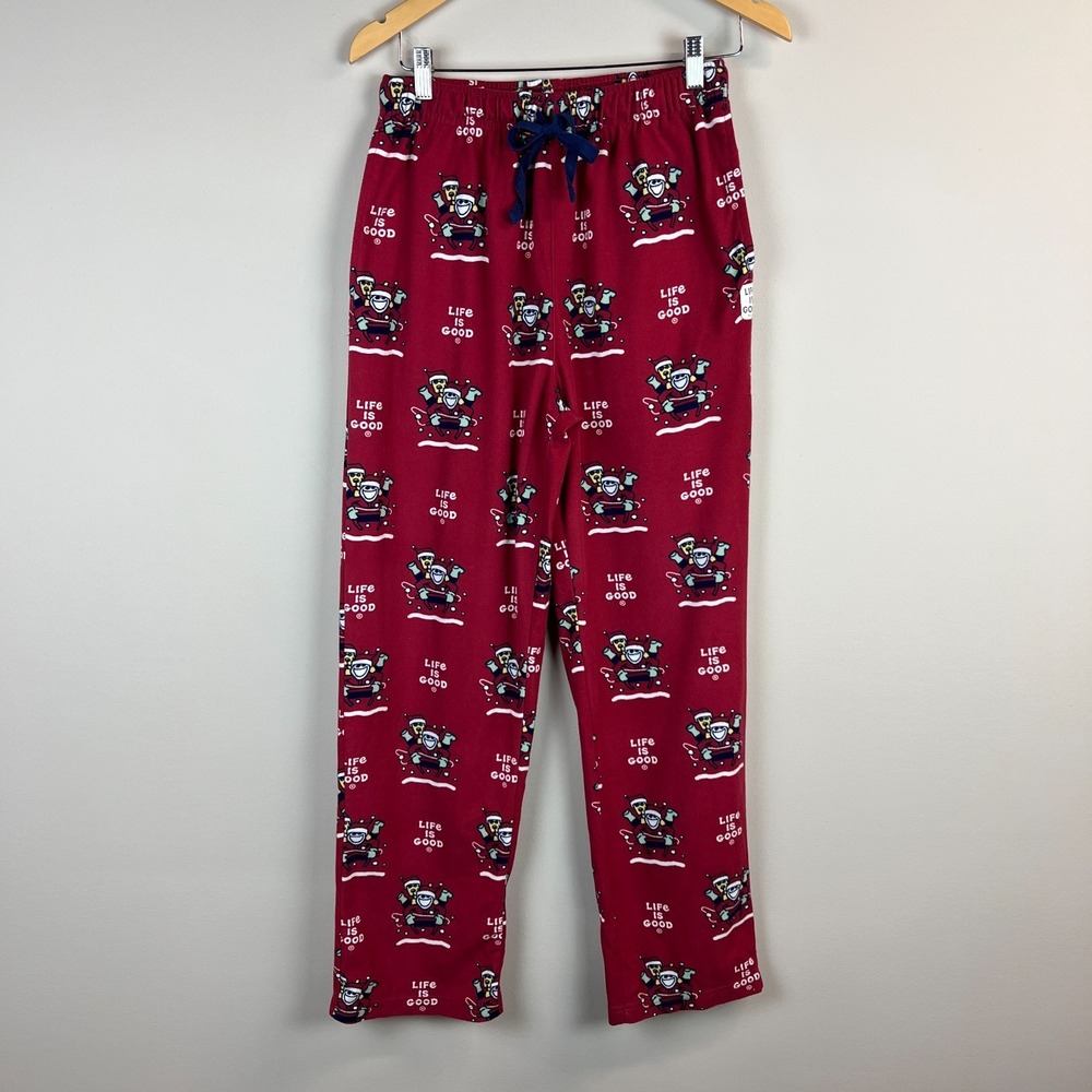 LIFE IS GOOD Pajama Pants Mens Medium Jake Dog Santa Christmas Lounge Fleece Red